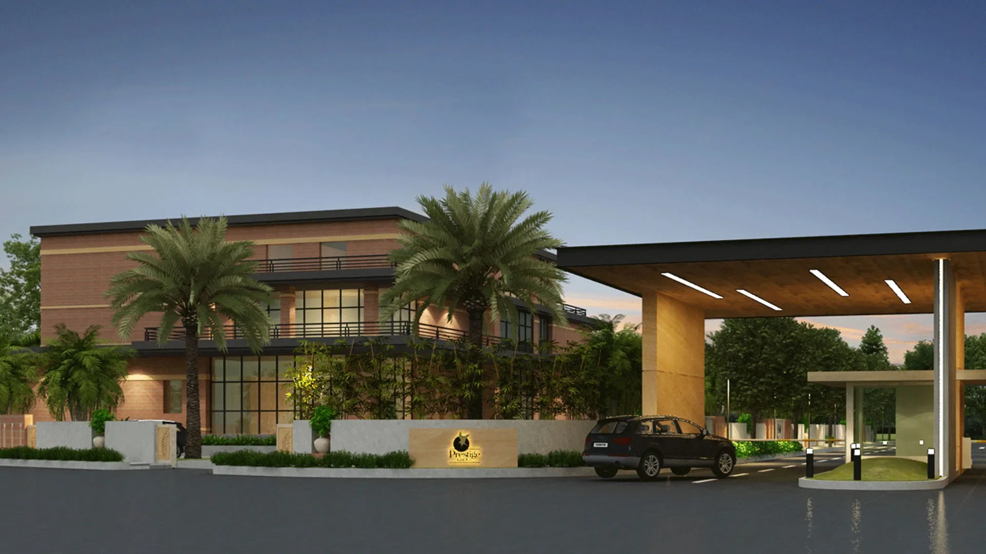 The impressive grand entrance gate and 60-foot wide tree-lined internal roads at the Prestige Nirvana plotted development.